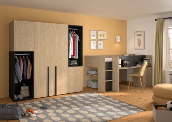 Armoire 50 cm + garde-robe 100 cm + armoire 50 cm + lit combiné bas 