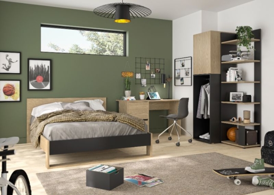 Lit 140 cm + bureau + Armoire 1 porte 50 cm + biblio 56 cm 