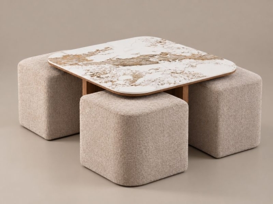 Avec 4 poufs en tissu gris chiné